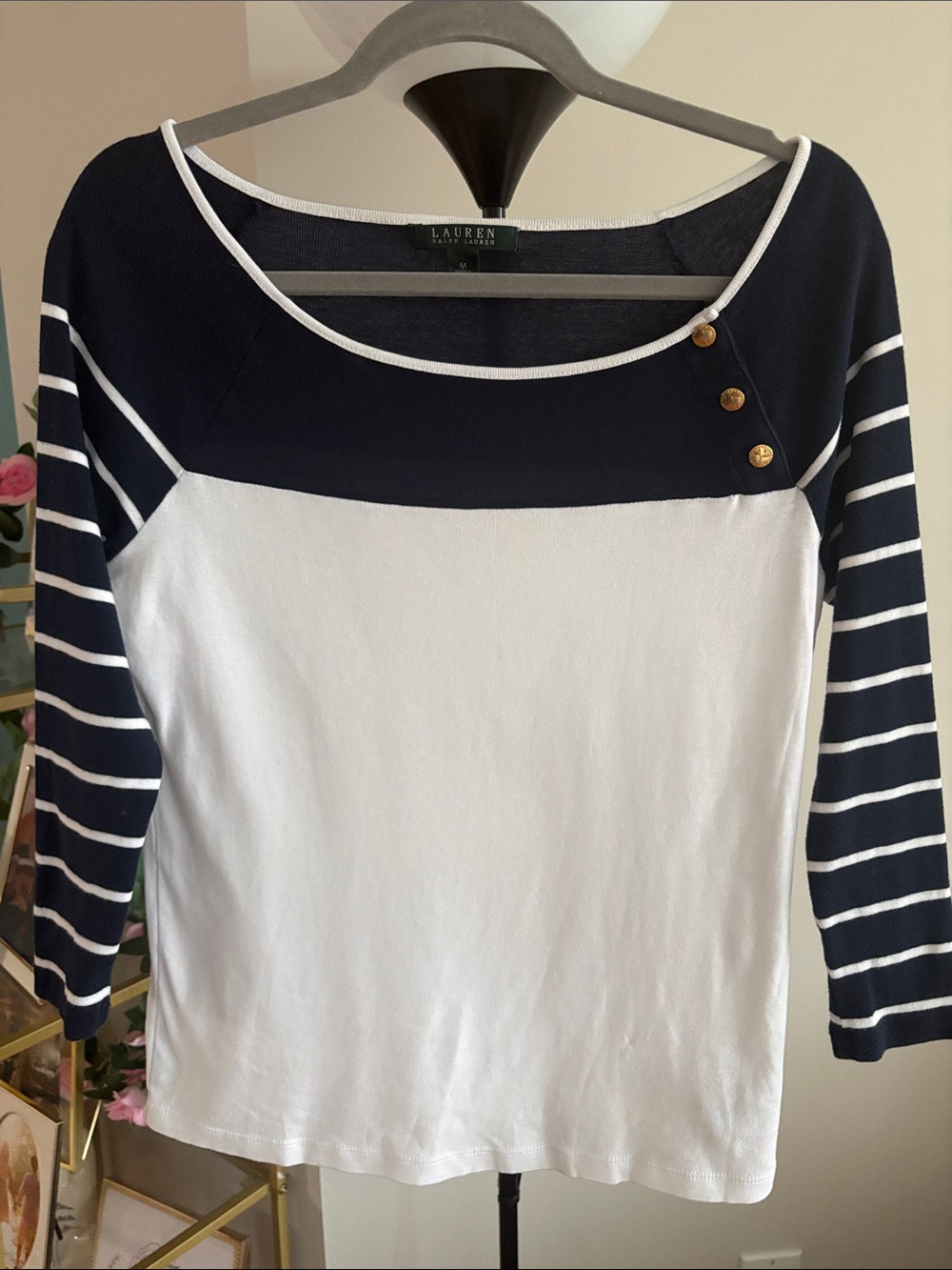 Lauren Ralph Lauren Navy and White Striped Boatneck Top with Gold Buttons